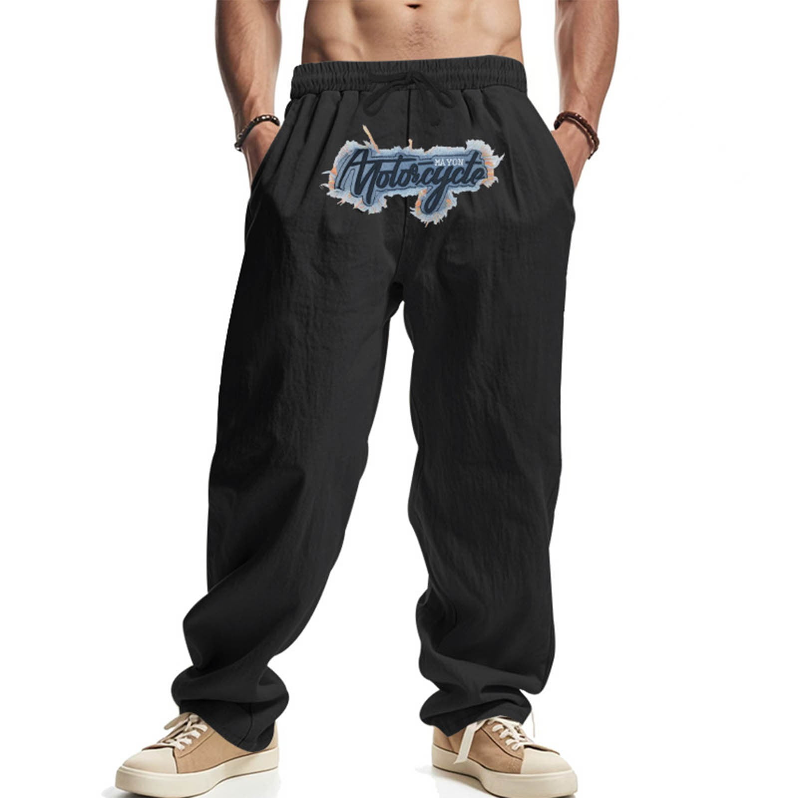 Anna-Kaci Men's Relaxed Fit Straight Leg Drawstring Pants with Soft Knit Texture