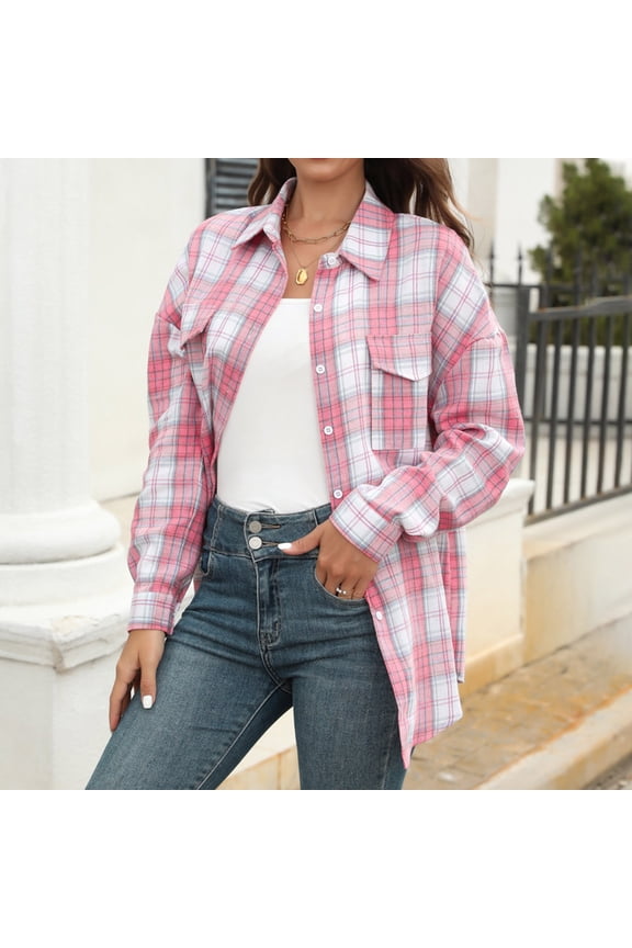Pink Jacket Women Plaid Classic Fit Shacket Button Down Flannel Shirt Jacket Womens Fall Coat XXL