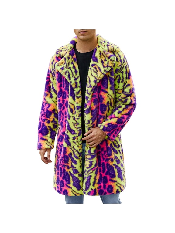 Pink Men Jacket Faux Fur Leopard Print Trench Coat Isulated Mid Length Long Jacket Mens Coats Winter M
