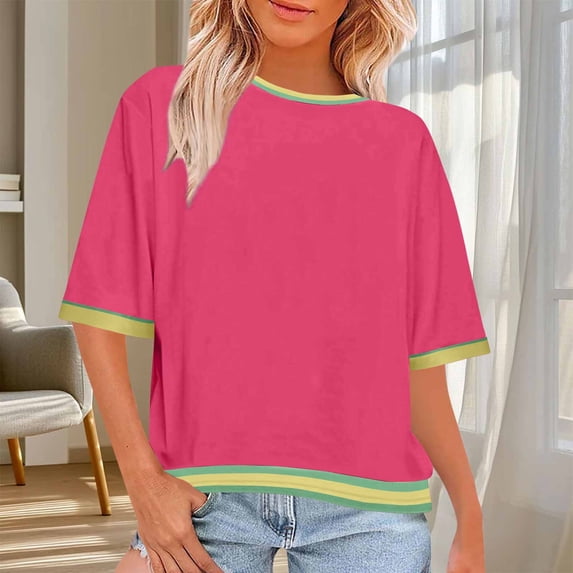 Dolkfu Pink Oversized Graphic Tshirts for Women Elbow-Length Crew Neck Tops Patchwork Color Stylish,Casual T-Shirts Womens Shirts