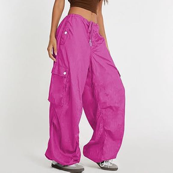 Dolkfu Pink Pants Womens Wide Leg Low Waisted Cargo Parachute Pants Casual Drawstring Streetwear Lady's Trousers M