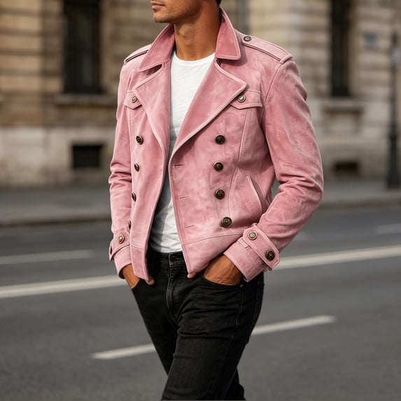 Dolkfu Pink Tops for Men Trendy Collared Button Retro Vintage Long Sleeve Bomber Modern Suede Solid Leisure Casual Jackets Pink,Xxxl