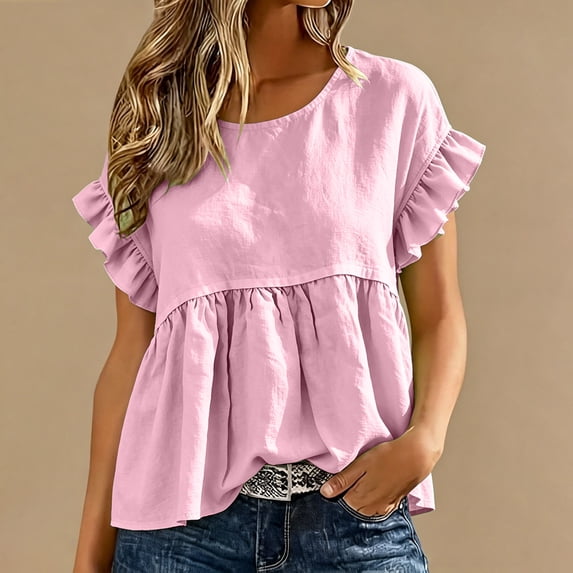 Dolkfu Pink Tops for Women Trendy Short Sleeve Pull-on Retro Crew Neck Blouses & Tops Modern Solid Casual Pink,S