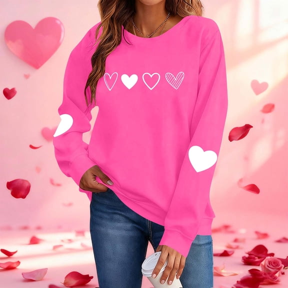 Dolkfu Pink Womens Crewneck Sweatshirt Valentine's Day Heart Print Sweatshirts Loose Fitting Novelty Womens Tops S