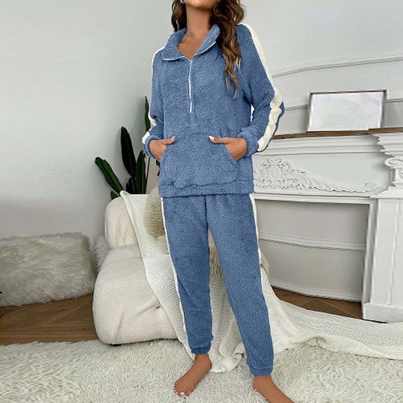 Dolkfu Pjs Set for Women Thick Fleece Long Sleeve Pajama Sets Jogger Thermal Quarter Zip Loungewear for Women L