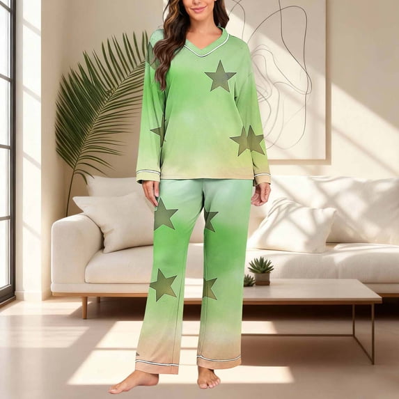 Dolkfu Pjs Sets for Women V Neck Long Sleeve Striped Sleepwear Sets Comfort 2 Pc Shirt Bottoms Womens Sleepwear XL