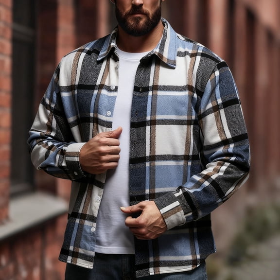 Dolkfu Plaid Mens Shirts Loose Fit Casual Flannel Shirt Long Sleeve Lapel Collared Tees Shirts under 5 Dollars L