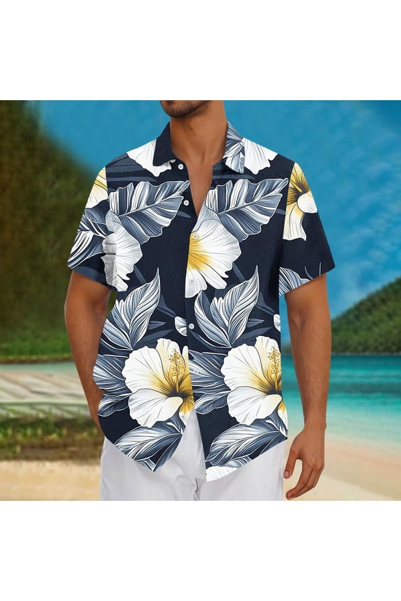 Polos Shirts for Men Blue Short Sleeve Collared Tops Floral Hawaiian Style Button-Up Shirts Mens T-Shirts