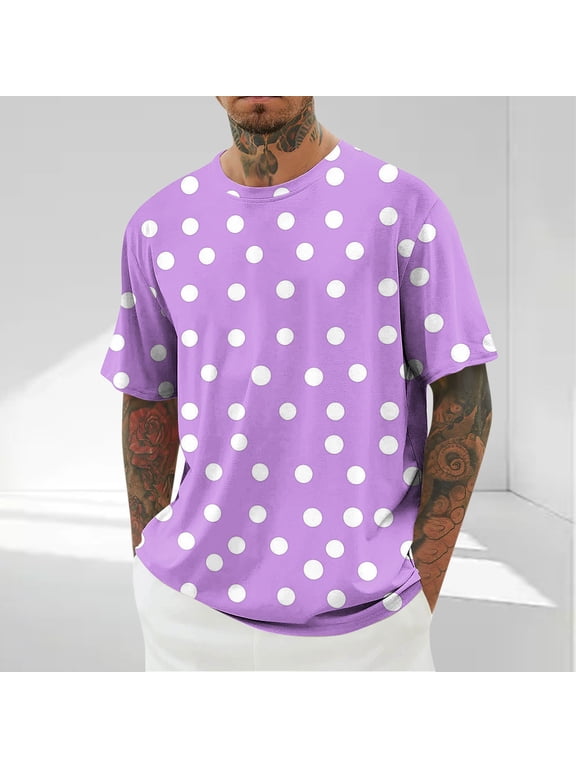 Polos Shirts for Men Short Sleeve Crew Neck Purple Boho Tops Retro Polka Dot T-Shirts Dresss Shirts for Men