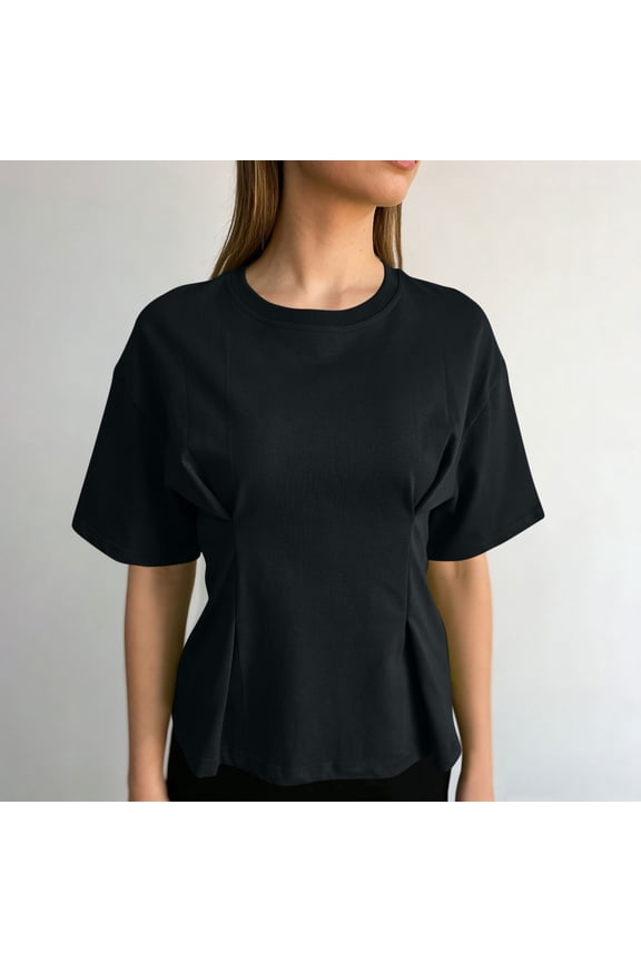 Pull-On Summer Tops for Women Short Sleeve Black Petal Crew Neck Tops Fashion Modern Casual Solid T-Shirts Black,S