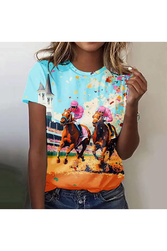 Pull-On Women'S Clothing Short Sleeve Crew Neck Multicolor Horse Racing Tops Printed Animal Refined T-Shirts Multicolor,S
