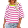 thumbnail image 1 of Dolkfu Pull-on Comfort Colors Tshirt French Chic Pink Crew Neck Elbow-Length T-Shirts Patchwork Minimalist Striped Tops Hot Pink,Xl, 1 of 4