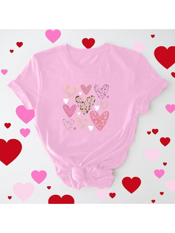 Pull-on Oversized Graphic Tshirts for Women Short Sleeve Refreshing Pink Crew Neck T-Shirts Printed Heart Refined Tops Pink,Xxl