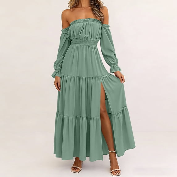 Dolkfu Pull-on Summer Dresses for Women Refined Boat Neck Green Long Sleeve Sundress Maxi Relaxed Fit Solid Retro Vintage Dresses Mint Green,S