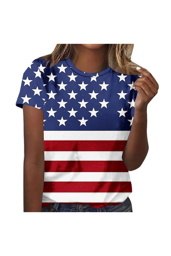 Pull-on T Shirts for Women Red Independence Day Short Sleeve Crew Neck Tops Modern Printed Minimalist T-Shirts Red,Xl