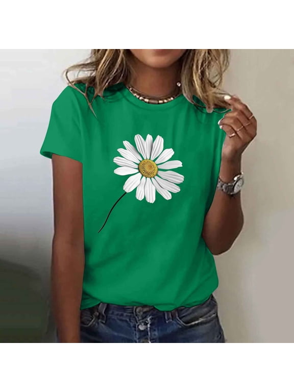 Green Tops for Women Trendy Pull-on Crew Neck Refreshing Short Sleeve T-Shirts Pullover Polyester Blend Printed Floral Casual Tops Green,Xxl