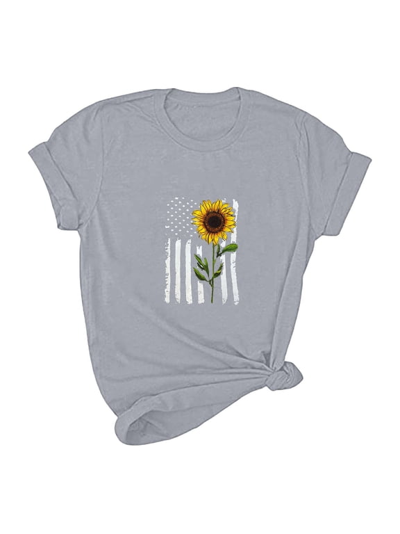 Pull-on Women Clothing Minimalist Gray Crew Neck Short Sleeve T-Shirts Floral Printed Fashion Tops Gray,S