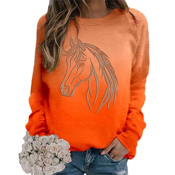 Dolkfu Pull-on Womens Summer Tops Crew Neck Orange Horse Long Sleeve Sweatshirt Animal Casual Printed Tops Orange,Xxl