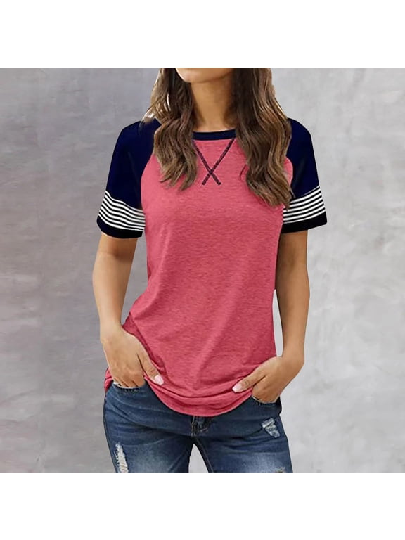Pull-on Womens Summer Tops Crew Neck Short Sleeve Pink Minimalist T-Shirts Modern Patchwork Retro Vintage Tops Hot Pink,S