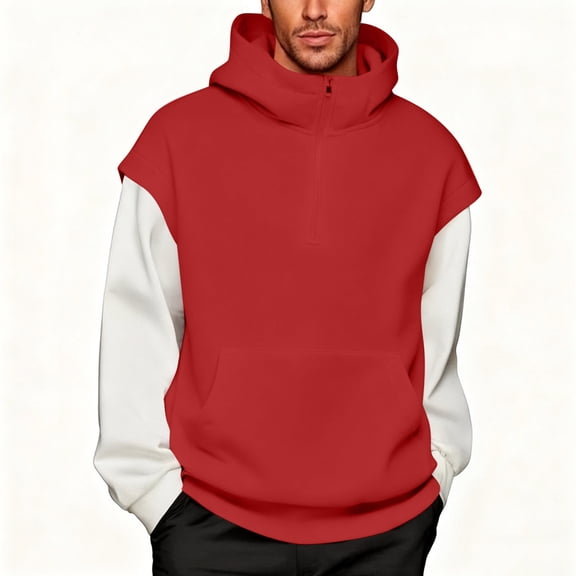 Dolkfu Pullover Hoodie Men Loose Quarter Zip Sweatshirts Patchwork Hooded Shirt for Men M