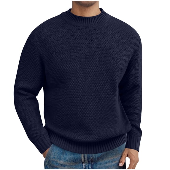 Dolkfu Pullover Mens Fall Sweaters 2025 Crew Neck Blue Sweaters Waffle Solid Knit Shirt for Man XL