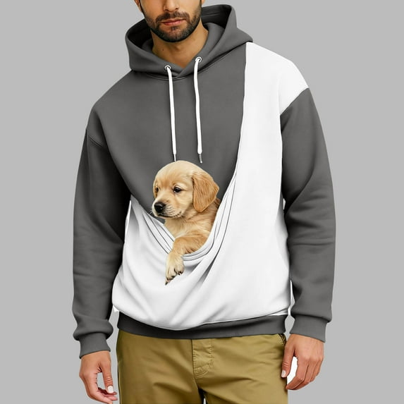 Dolkfu Pullover Mens Hoodies Cat Dog Pouch Sweatshirts Color Block Pet Carrier Hooded Men Shirts 3X