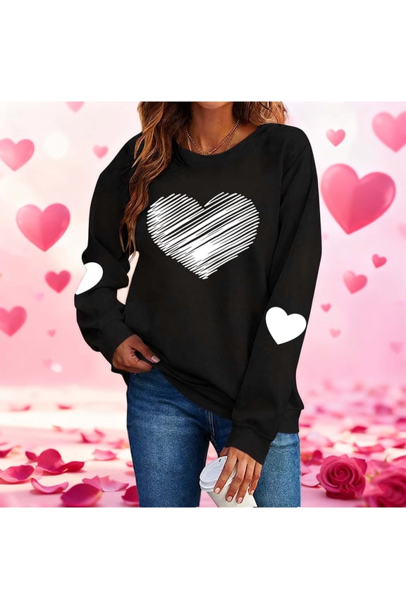 Pullover Sweatshirt Women Black Valentines Love Heart Shirts Active Plus Size Crewneck Clothes for Women XS