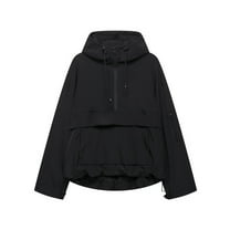Dolkfu Pullover Winter Jackets for Women Hooded Black Windbreaker Performance Half Zip Outdoor Jacket Womens Coat L