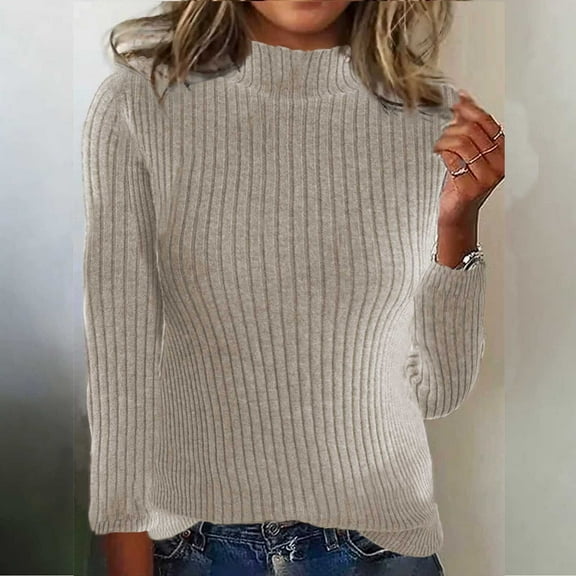 Dolkfu Pullover Womens Sweaters Beige Casual Mock Neck Knit Shirt Ribbed Sweater Fall Tops for Women 2025 Trendy M