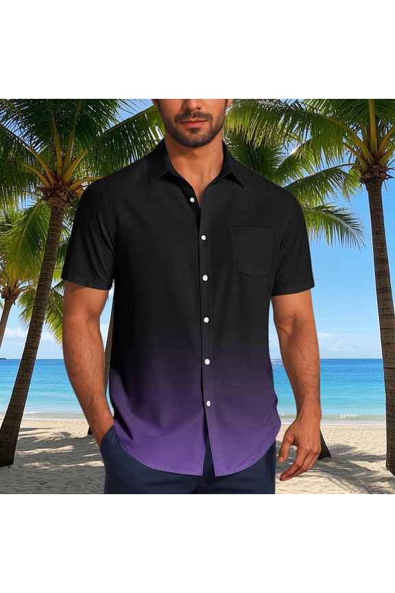 Purple Comfort Colors Tshirt Gradient Collared Short Sleeve Tops Fashion Patchwork Button-Up Shirts Mens T-Shirts