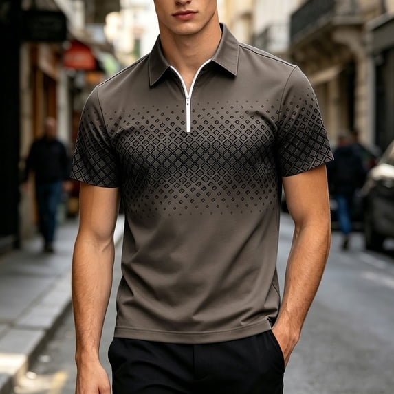 Dolkfu Brown Dress Shirts for Men Quarter Zip Collared Minimalist Short Sleeve Polos Outdoor Patchwork Geometric Tops Brown,Xxxl