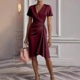 thumbnail image 1 of Dolkfu Red Dresses for Women Trendy V-Neck Short Sleeve Pull-on Petal Bodycon Solid Fashion Mid-Length Slim Dresses Wine,L, 1 of 5