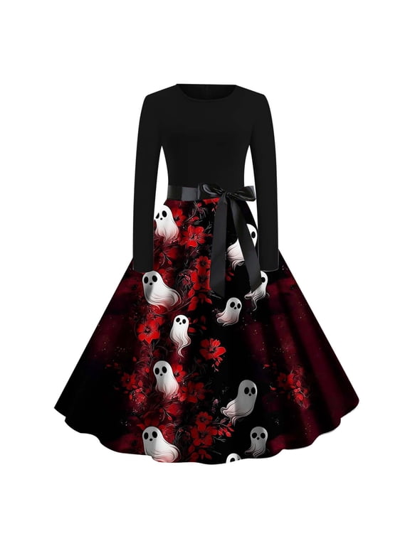 Red Gothic Halloween Dresses For Women Long Sleeve Crew Neck Halloween Ghost Mid-Length Ball Gown Dresses Floral Full Swing Flared Bow,M