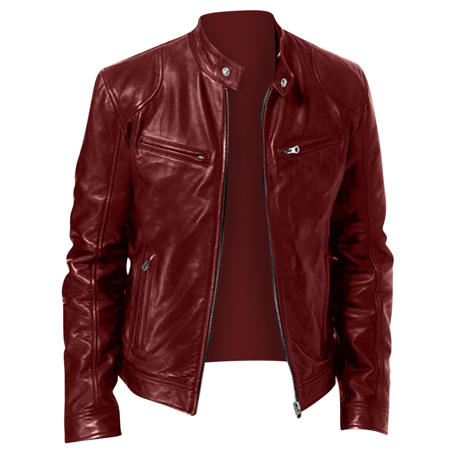 Dolkfu Red Jackets for Men Faux Leather Casual Band Collar Bomber