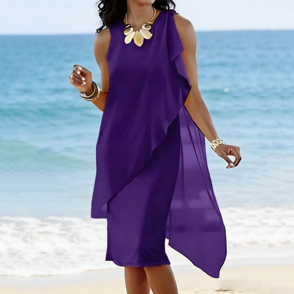 Dolkfu Refined Dresses for Women Dressy Casual Sleeveless Purple Crew Neck Mid-Length Bodycon Dresses Slim Solid Chiffon Retro Vintage Dresses Purple,M