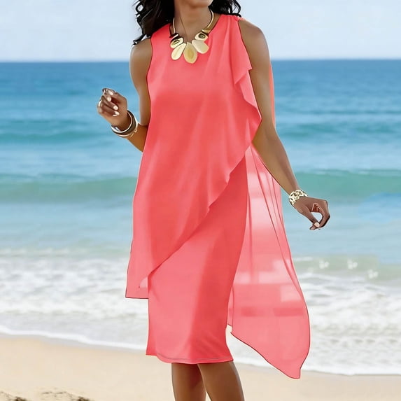 Dolkfu Refined Women'S Summer&Fall Dresses Sleeveless Crew Neck Mid-Length Red Bodycon Dresses Chiffon Slim Solid Retro Vintage Dresses Watermelon Red,Xl