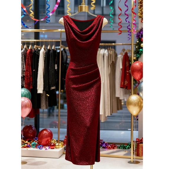 Dolkfu Refined Womens Summer&Fall Dresses V-Neck Red Sleeveless Long Bodycon Dresses Solid Retro Modern Slim Dresses Wine,L