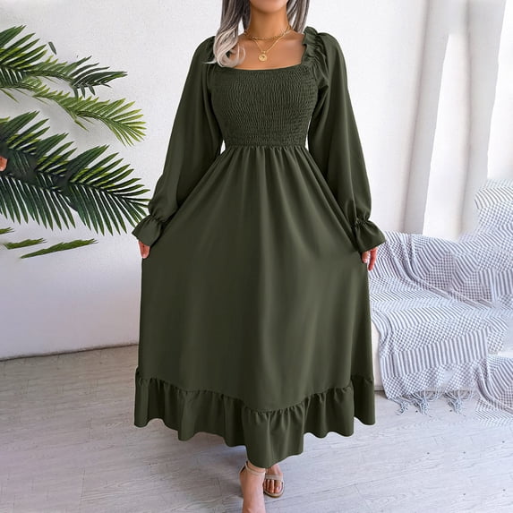 Dolkfu Refreshing Dresses for Women Trendy Long Long Sleeve Green Square Neckline Fit & Flare Dresses Regular Solid Refined Dresses Army Green,L