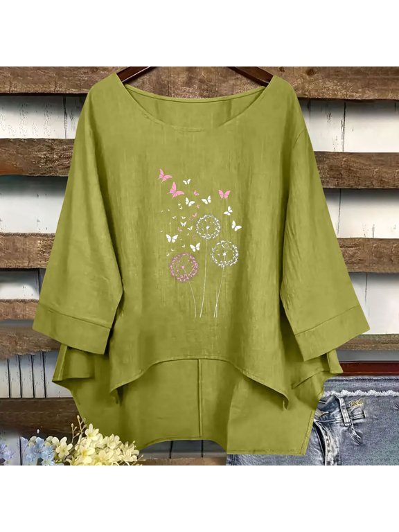 Refreshing Oversized Graphic Tshirts for Women Crew Neck Green Pull-on Elbow-Length T-Shirts Casual Cotton Blend Floral Printed Tops Green,Xxl