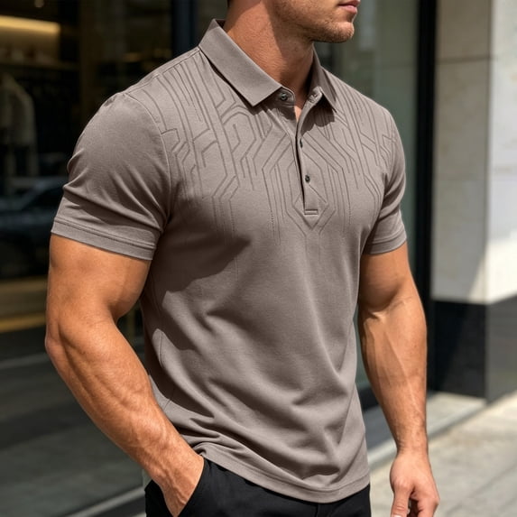 Dolkfu Button Polos Shirts for Men Yellow Short Sleeve Refreshing Collared Polos Modern Business Casual Geometric Tops Khaki,Xxl