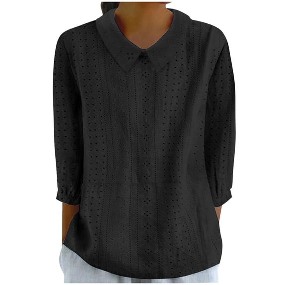 Dolkfu Refreshing Summer Tops for Women Pull-on Black Collared 3/4 Sleeve Blouses & Tops Solid Minimalist Modern Black,S