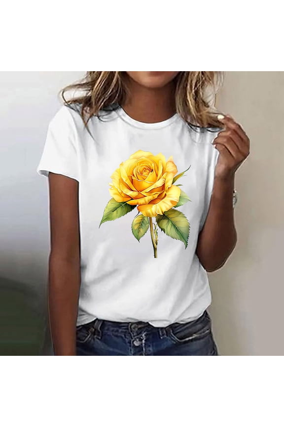 Refreshing Womens Summer Tops Pull-on Crew Neck Short Sleeve Multicolor T-Shirts Printed Casual Floral Tops Multicolor,S
