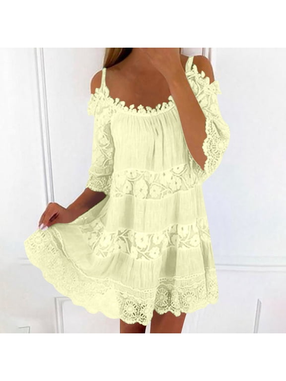 Retro Womens Summer&Fall Dresses Yellow Crew Neck Mini Elbow-Length Slip Dress Relaxed Fit Floral Geometric Lace Casual Dresses Yellow,S