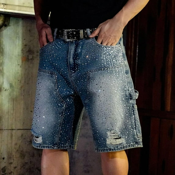 Dolkfu Rhinestone Men Shorts Casual Denim Ripped Jean Shorts Distressed Zipper 4 Inch Inseam Shorts Men 38