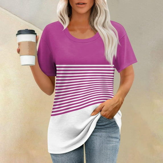 Dolkfu Round Neck Womens Trendy Tops Short Sleeve Casual Loose Fit Striped Color Block Tunic Tops Women's Tshirts，XL