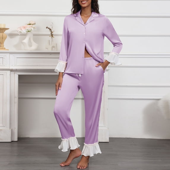 Dolkfu Ruffled Women's Pajamas Sets Long Sleeve Button Down Pajama Sets Comfy Stretch Collared Womens Loungewear Set S