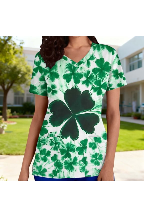 Scrub Women Tops Green V Neck Short Sleeve Pullover Tees Irish Clover Womens Summer Shirts 2X