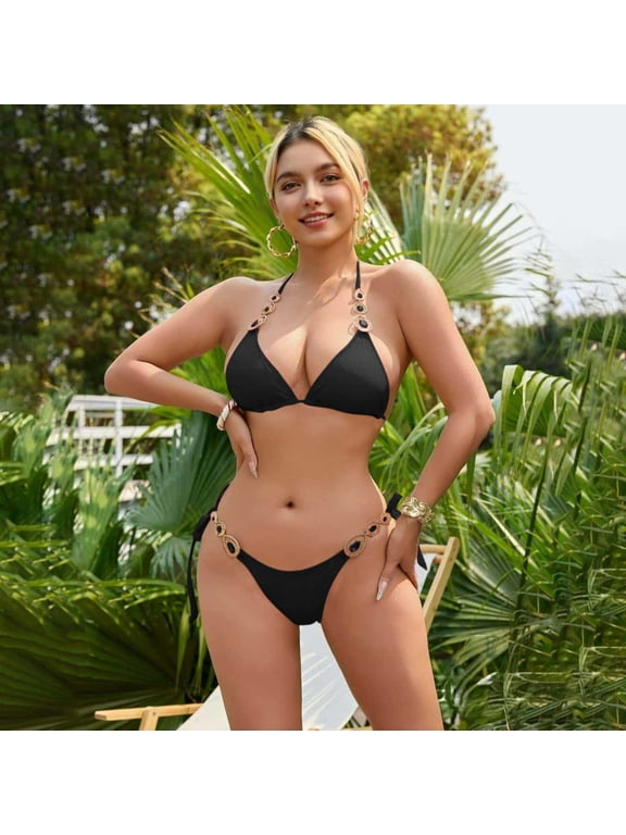 Sexy Womens Swim Suit Halter Rhinestone Bikini Sets Cheeky High Cut Scrunch Butt Woman Bathing Suits L