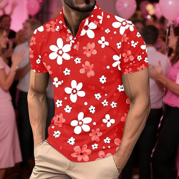 Dolkfu Shirt Men Short Sleeve Button up Red Floral Polos Mesh Active Breathable Mens T-Shirts,L