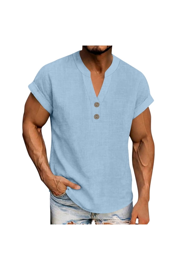 Shirt Mens Casual Cotton Linen V Neck T-Shirt Button Loose Mens Short Sleeve Pullover Tees 3X